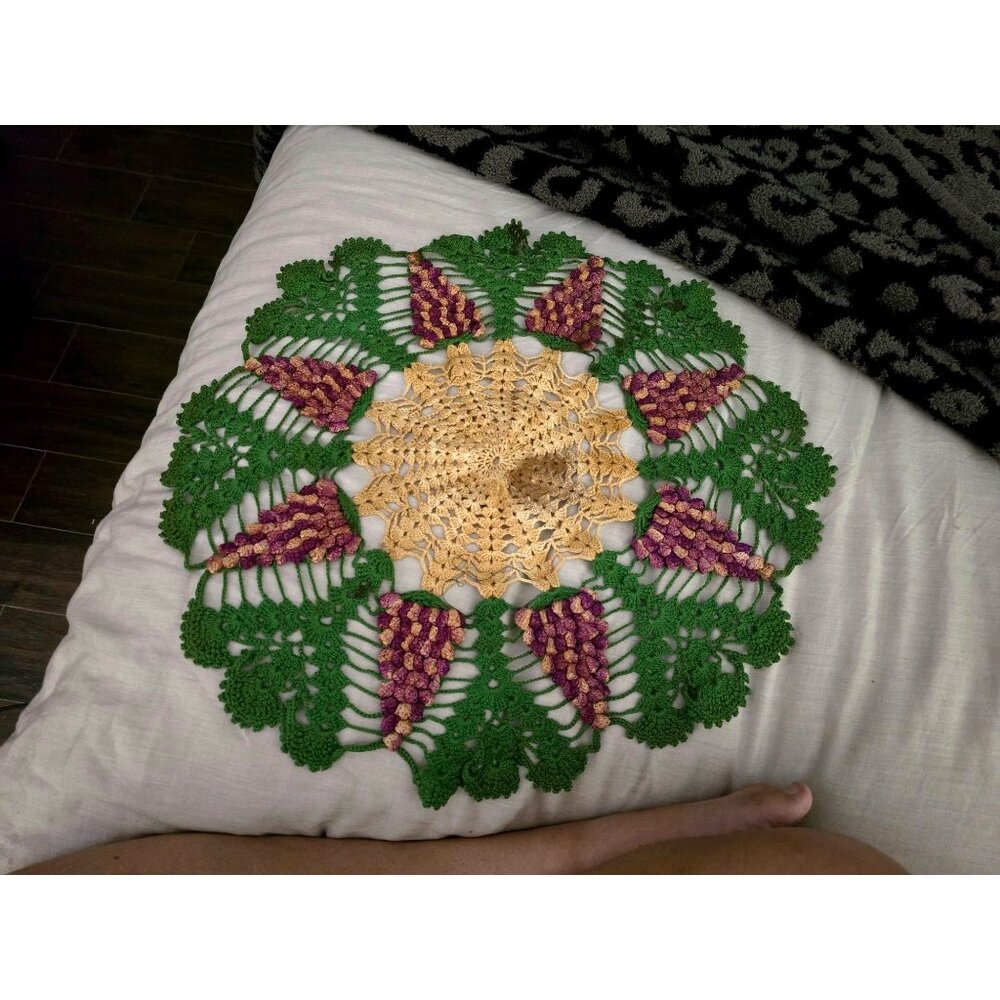 Handmade Crochet Doily‎ With Grape Motif - Green Purple & Beige - 17 Inches
